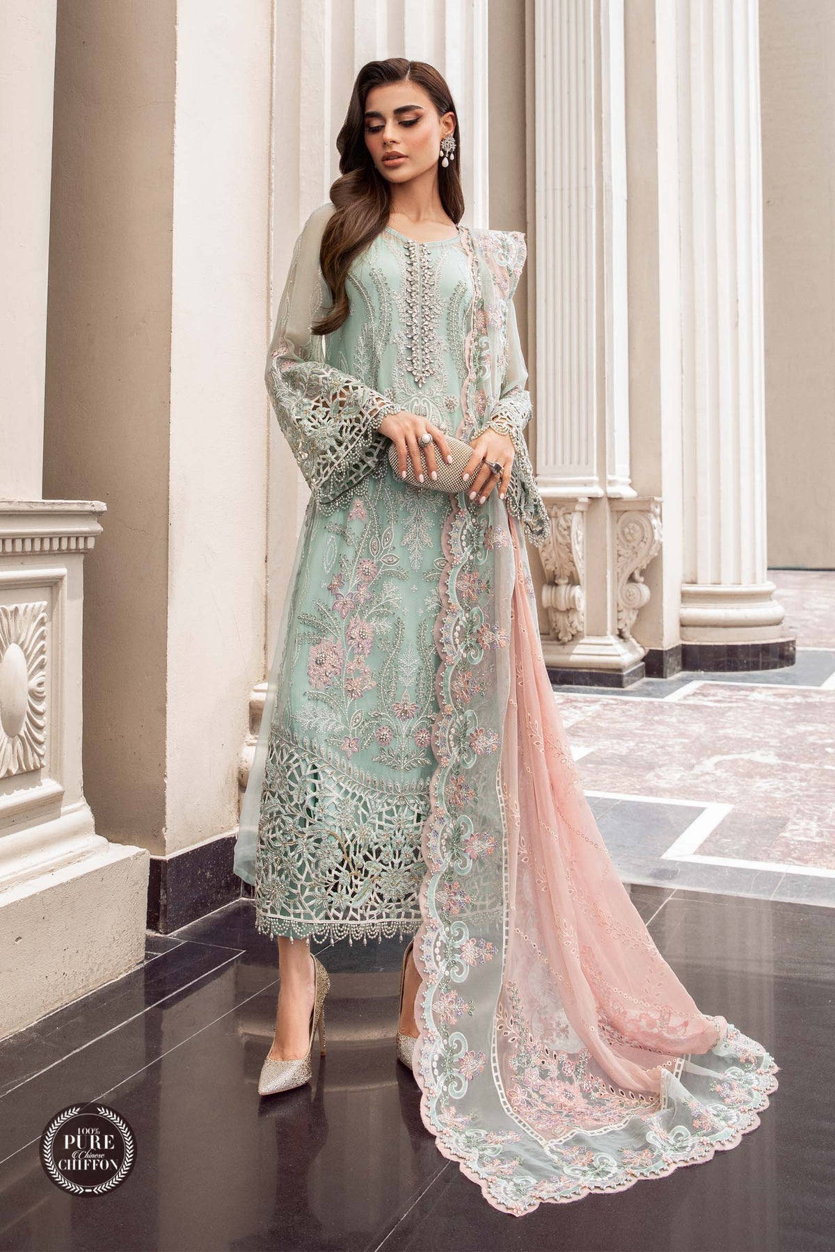 Buy Now - D#04 - Mint Green  - Pure Silk Chiffons 2023 - Shahana Collection UK - Wedding and Bridal Party Dresses - Maria.b - Shahana UK - Gulf fashion 