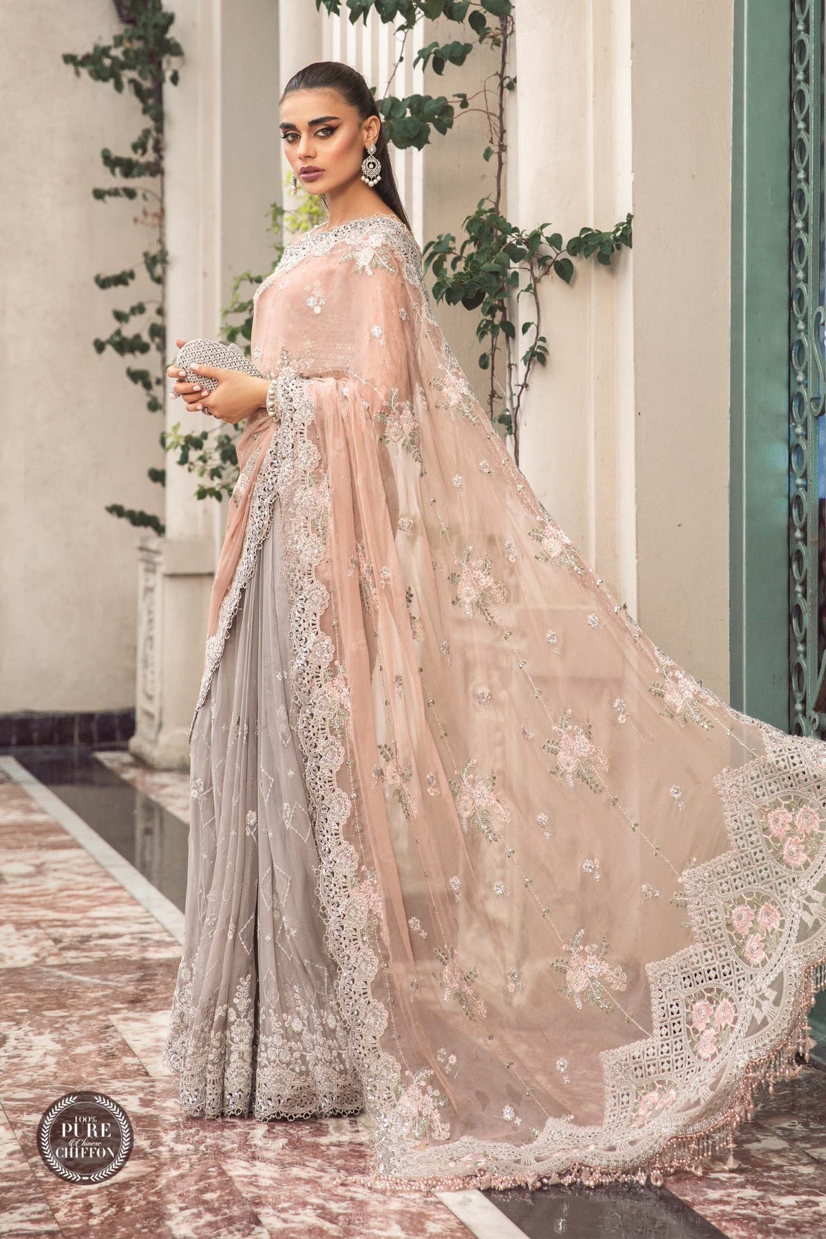 Buy Now - D#05- Peach and Grey - Pure Silk Chiffons 2023 - Shahana Collection UK - Wedding and Bridal Party Dresses - Maria.b - Shahana UK - Gulf fashion 