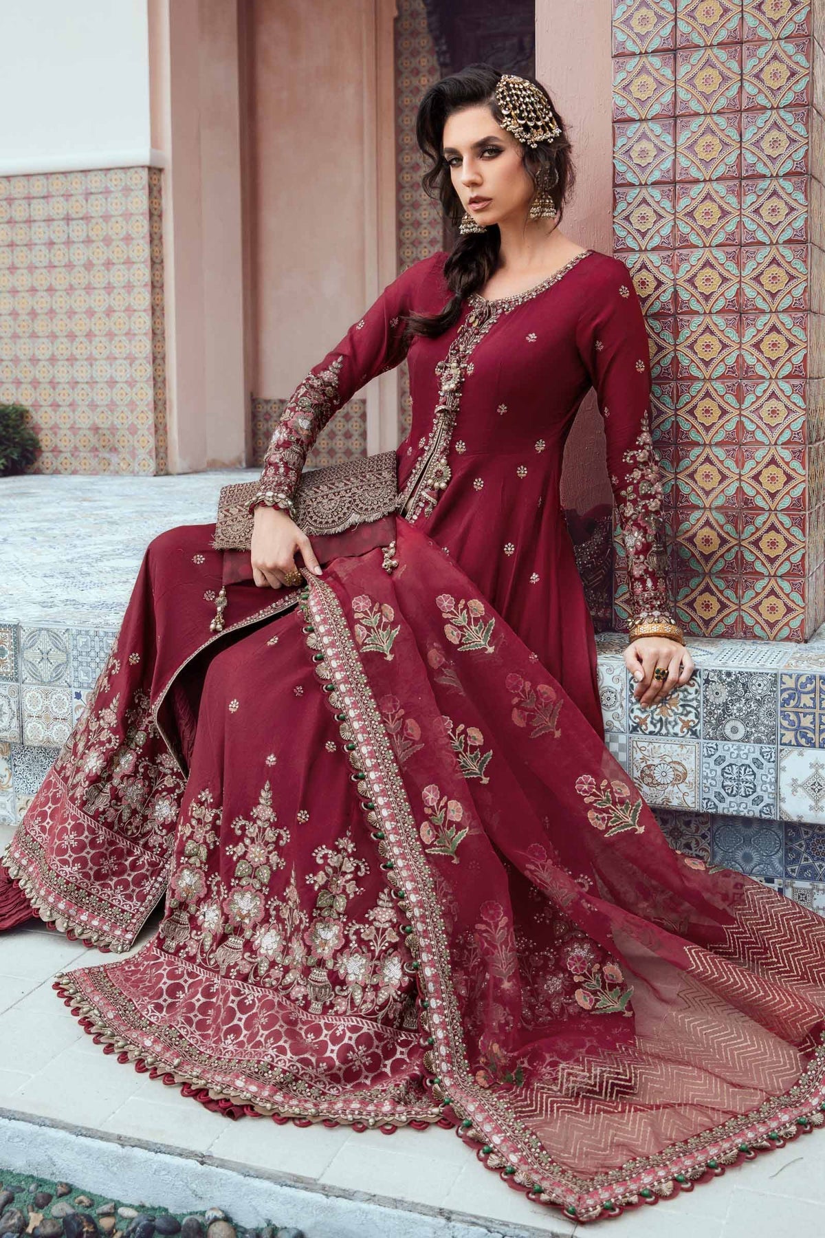 Buy Now, D#8 - Maroon - Maria. B Sateen 2023 - Wedding and Bridal Party Dresses -  Pakistani Festive wear - Maria. B in UK - Fall Collection'23