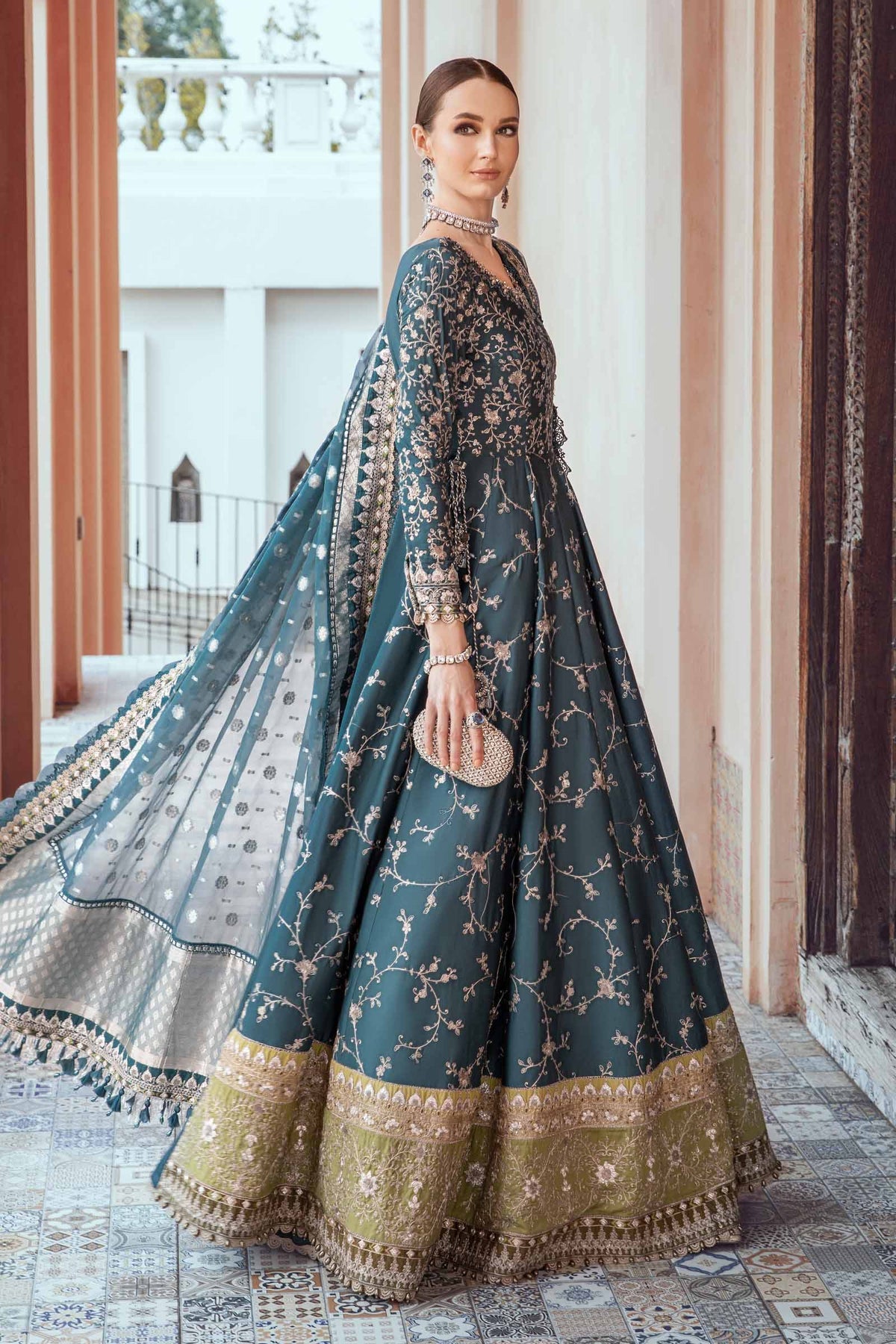 Buy Now, D#5 - Teal - Maria. B Sateen 2023 - Wedding and Bridal Party Dresses -  Pakistani Festive wear - Maria. B in UK - Fall Collection'23