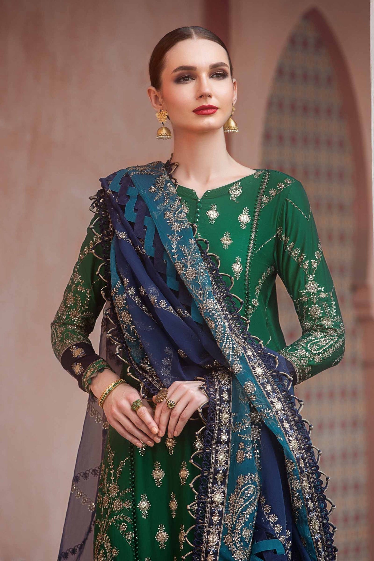 Buy Now, D#6 - Emerald Green- Maria. B Sateen 2023 - Wedding and Bridal Party Dresses -  Pakistani Festive wear - Maria. B in UK - Fall Collection'23