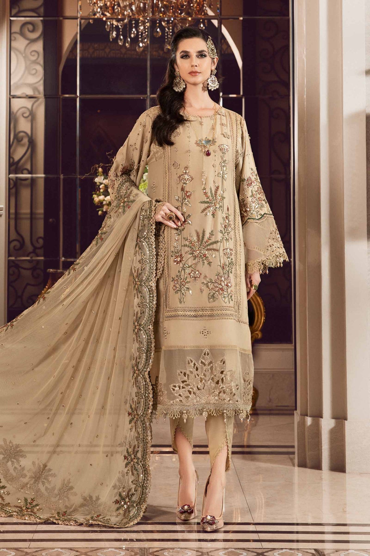 Buy Now, D#12 - Beige - Maria. B Sateen 2023 - Wedding and Bridal Party Dresses -  Pakistani Festive wear - Maria. B in UK - Fall Collection'23