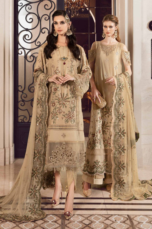 Buy Now, D#12 - Beige - Maria. B Sateen 2023 - Wedding and Bridal Party Dresses -  Pakistani Festive wear - Maria. B in UK - Fall Collection'23
